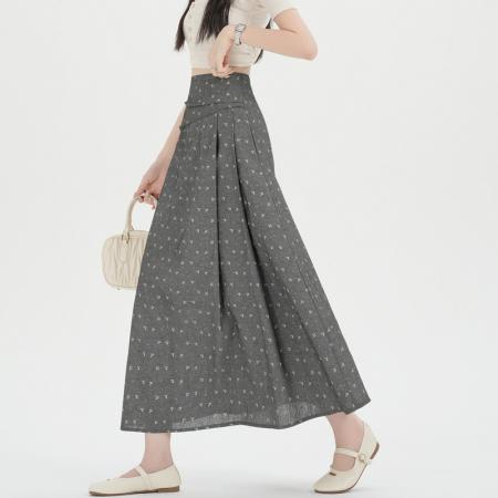 BY10613# 碎花半身裙春夏新款设计感复古褶长裙高腰显瘦大摆A字裙 服裝批發女裝批發服飾貨源