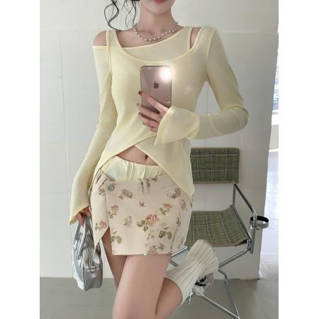 BY10615# 春季辣妹不规则露肩多穿法收腰显瘦长袖T恤设计感两件套 服裝批發女裝批發服飾貨源