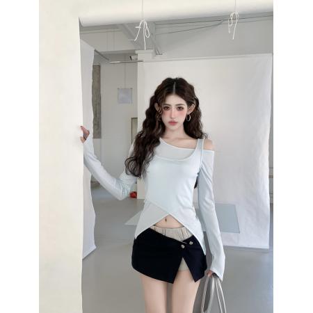 BY10615# 春季辣妹不规则露肩多穿法收腰显瘦长袖T恤设计感两件套 服裝批發女裝批發服飾貨源