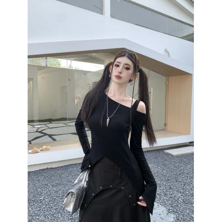BY10615# 春季辣妹不规则露肩多穿法收腰显瘦长袖T恤设计感两件套 服裝批發女裝批發服飾貨源