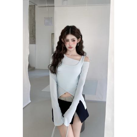 BY10615# 春季辣妹不规则露肩多穿法收腰显瘦长袖T恤设计感两件套 服裝批發女裝批發服飾貨源