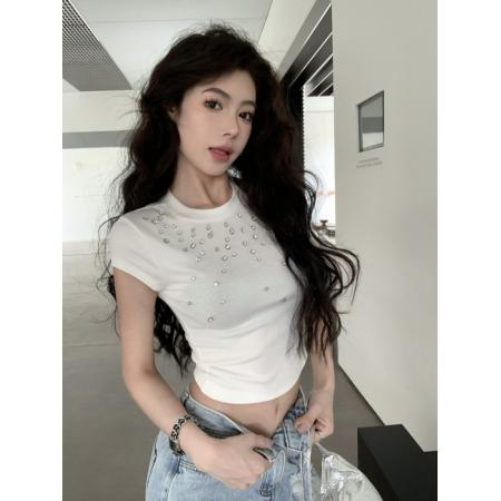 BY10616# 夏季性感辣妹风闪闪镶钻螺纹短袖正肩T恤女短款露脐上衣 服裝批發女裝批發服飾貨源