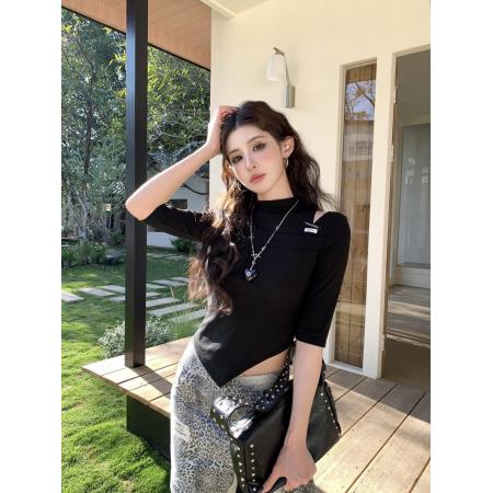 BY10617# 春季甜辣妹半高领镂空不规则修身显瘦短款五分袖T恤上衣 服裝批發女裝批發服飾貨源