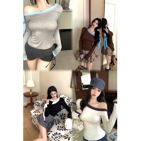 BY10618# 纯欲复古斜肩拼接绑带撞色修身显瘦长袖T恤设计感上衣 服裝批發女裝批發服飾貨源