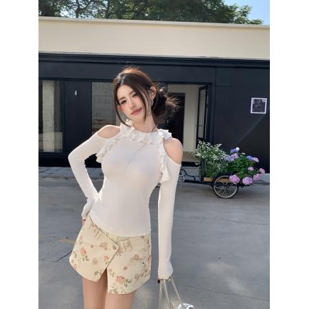 BY10619# 春季纯欲辣妹圆领荷叶边露肩修身显瘦收腰长袖T恤上衣 服裝批發女裝批發服飾貨源