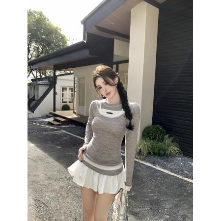 BY10620# 春季复古辣妹拼接撞色假两件修身显瘦长袖T恤设计感上衣 服裝批發女裝批發服飾貨源