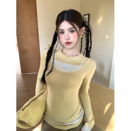 BY10620# 春季复古辣妹拼接撞色假两件修身显瘦长袖T恤设计感上衣 服裝批發女裝批發服飾貨源