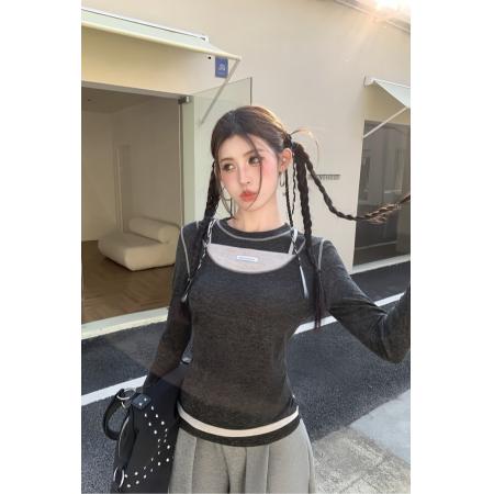 BY10620# 春季复古辣妹拼接撞色假两件修身显瘦长袖T恤设计感上衣 服裝批發女裝批發服飾貨源