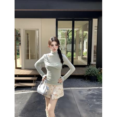 BY10621# 春季纯欲辣妹堆堆领拼接扭结镂空修身显瘦长袖T恤上衣 服裝批發女裝批發服飾貨源