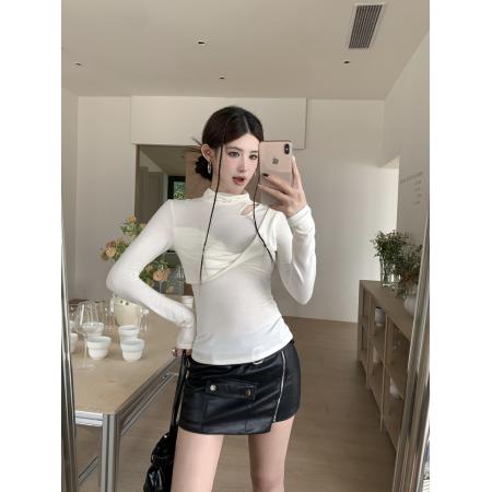 BY10621# 春季纯欲辣妹堆堆领拼接扭结镂空修身显瘦长袖T恤上衣 服裝批發女裝批發服飾貨源