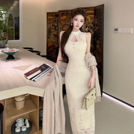 BY10624# 优雅气质蕾丝花边水钻收腰新中式改良旗袍包臀连衣裙 服裝批發女裝批發服飾貨源