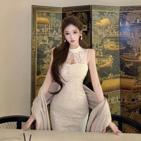 BY10624# 优雅气质蕾丝花边水钻收腰新中式改良旗袍包臀连衣裙 服裝批發女裝批發服飾貨源