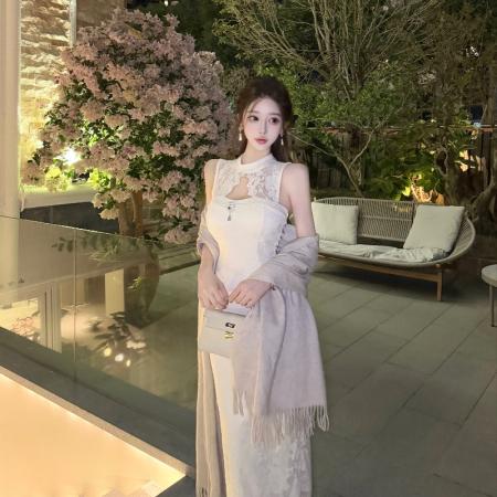 BY10624# 优雅气质蕾丝花边水钻收腰新中式改良旗袍包臀连衣裙 服裝批發女裝批發服飾貨源