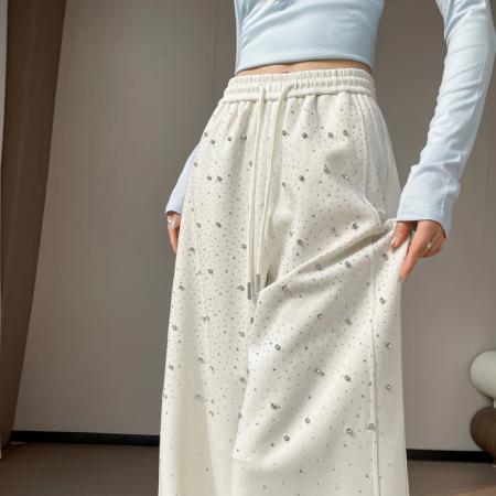 BY10631# 春夏新款压钻满天星高腰束脚阔腿两穿卫裤直筒休闲裤女 服裝批發女裝批發服飾貨源