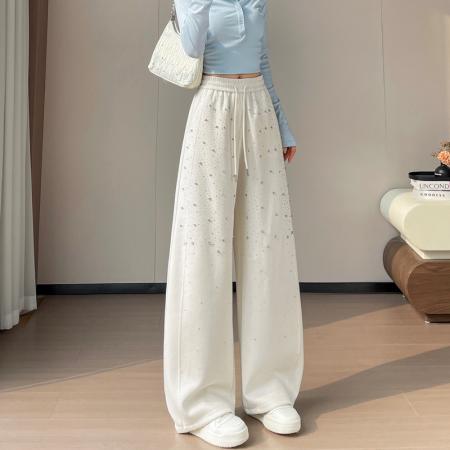 BY10631# 春夏新款压钻满天星高腰束脚阔腿两穿卫裤直筒休闲裤女 服裝批發女裝批發服飾貨源