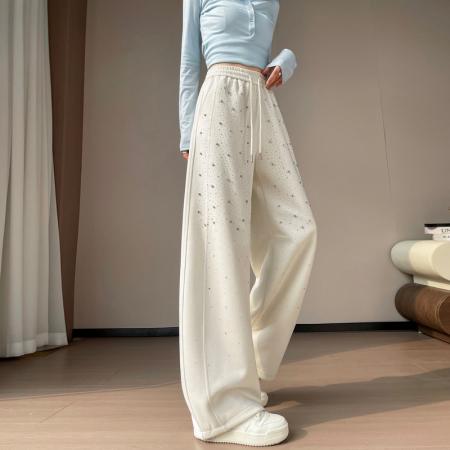 BY10631# 春夏新款压钻满天星高腰束脚阔腿两穿卫裤直筒休闲裤女 服裝批發女裝批發服飾貨源