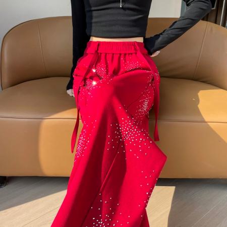 BY10632# 春夏新款烫钻弯刀裤满天星亮钻星空阔腿裤直筒拖地裤女 服裝批發女裝批發服飾貨源