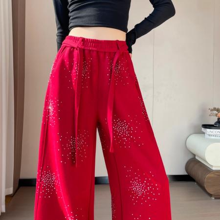 BY10632# 春夏新款烫钻弯刀裤满天星亮钻星空阔腿裤直筒拖地裤女 服裝批發女裝批發服飾貨源