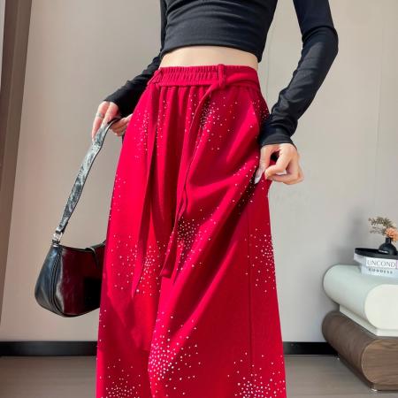 BY10632# 春夏新款烫钻弯刀裤满天星亮钻星空阔腿裤直筒拖地裤女 服裝批發女裝批發服飾貨源