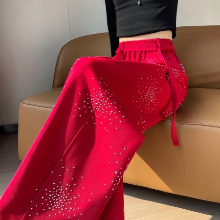 BY10632# 春夏新款烫钻弯刀裤满天星亮钻星空阔腿裤直筒拖地裤女 服裝批發女裝批發服飾貨源