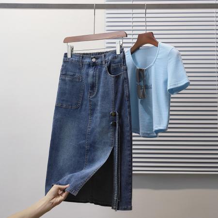 BY10634# 夏新款大码弹力松紧腰薄款牛仔半身裙胖MM休闲中长款A字裙 服裝批發女裝批發服飾貨源