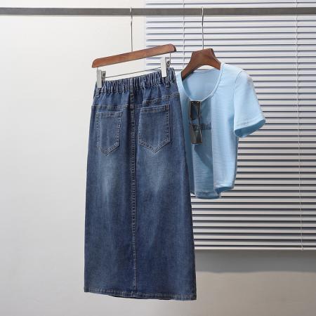 BY10634# 夏新款大码弹力松紧腰薄款牛仔半身裙胖MM休闲中长款A字裙 服裝批發女裝批發服飾貨源