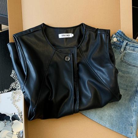 BY10635# 胖妹妹大码宽松无袖皮衣马夹女装春秋新款韩系通勤百搭时尚潮 服裝批發女裝批發服飾貨源