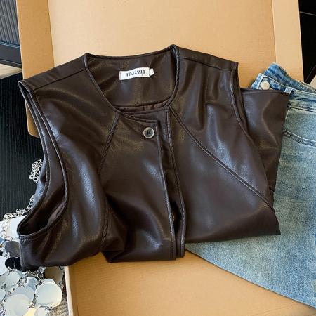 BY10635# 胖妹妹大码宽松无袖皮衣马夹女装春秋新款韩系通勤百搭时尚潮 服裝批發女裝批發服飾貨源