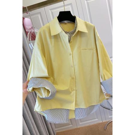 BY10636# 韩系高级感假两件早秋新款宽松减龄玫粉色纯棉衬衣 服裝批發女裝批發服飾貨源