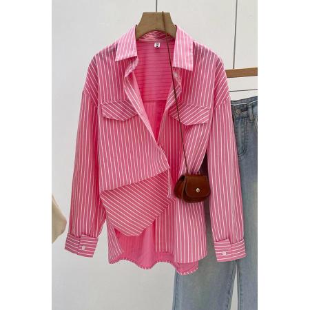 BY10640# 设计感绿色条纹衬衫女外套春季新款宽松休闲显瘦衬衣 服裝批發女裝批發服飾貨源