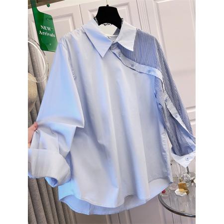 BY10641# 高级感不规则衬衫上衣女高级春秋新款胖妹妹宽松遮肚条纹拼接衬衣 服裝批發女裝批發服飾貨源