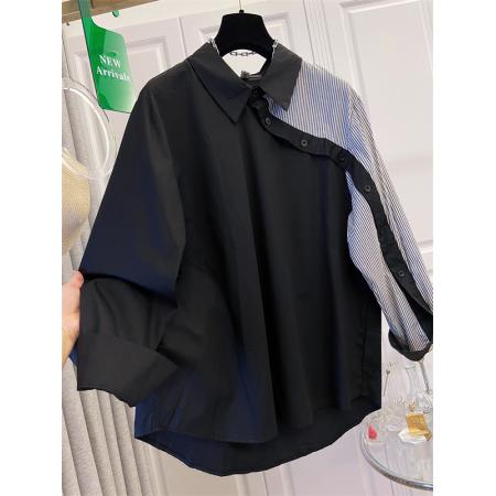 BY10641# 高级感不规则衬衫上衣女高级春秋新款胖妹妹宽松遮肚条纹拼接衬衣 服裝批發女裝批發服飾貨源