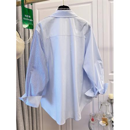 BY10641# 高级感不规则衬衫上衣女高级春秋新款胖妹妹宽松遮肚条纹拼接衬衣 服裝批發女裝批發服飾貨源