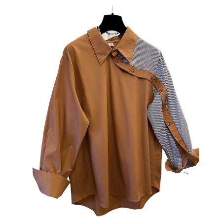 BY10641# 高级感不规则衬衫上衣女高级春秋新款胖妹妹宽松遮肚条纹拼接衬衣 服裝批發女裝批發服飾貨源