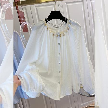 BY10642# 早春新款韩版法式温柔风胖拼接蕾丝花边领宽松遮肚衬衫 服裝批發女裝批發服飾貨源
