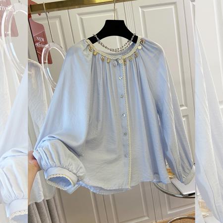 BY10642# 早春新款韩版法式温柔风胖拼接蕾丝花边领宽松遮肚衬衫 服裝批發女裝批發服飾貨源