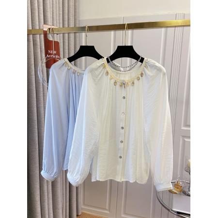 BY10642# 早春新款韩版法式温柔风胖拼接蕾丝花边领宽松遮肚衬衫 服裝批發女裝批發服飾貨源