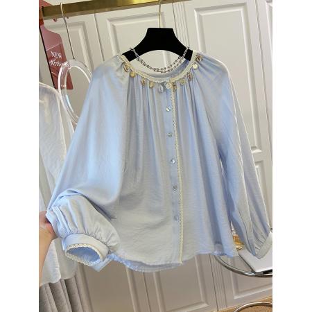 BY10642# 早春新款韩版法式温柔风胖拼接蕾丝花边领宽松遮肚衬衫 服裝批發女裝批發服飾貨源