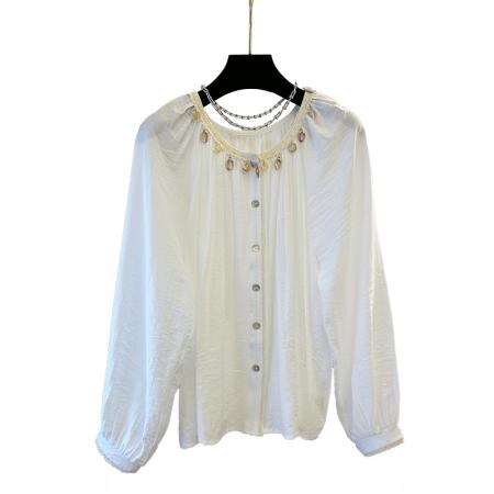 BY10642# 早春新款韩版法式温柔风胖拼接蕾丝花边领宽松遮肚衬衫 服裝批發女裝批發服飾貨源