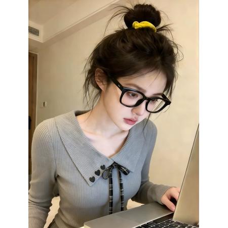 BY10643# 灰色翻领蝴蝶结修身内搭打底衫长袖T恤女春季特别漂亮的掐腰上衣 服裝批發女裝批發服飾貨源