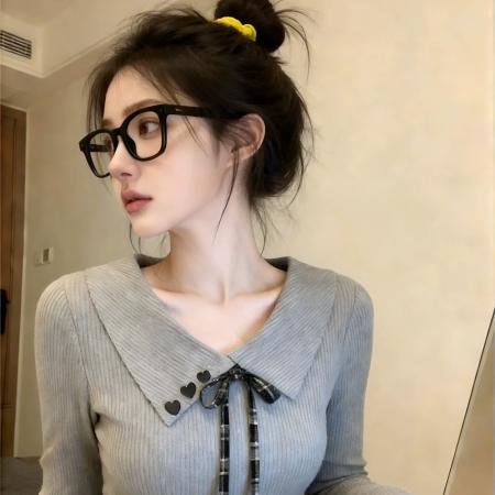 BY10643# 灰色翻领蝴蝶结修身内搭打底衫长袖T恤女春季特别漂亮的掐腰上衣 服裝批發女裝批發服飾貨源