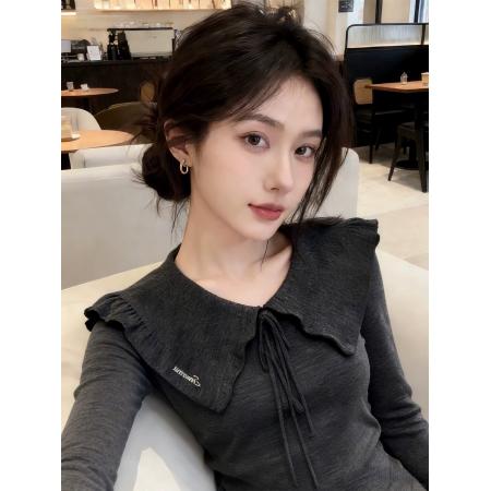 BY10645# 灰色v型翻领蝴蝶结系带修身长袖T恤内搭打底衫女春季韩系穿搭上衣 服裝批發女裝批發服飾貨源