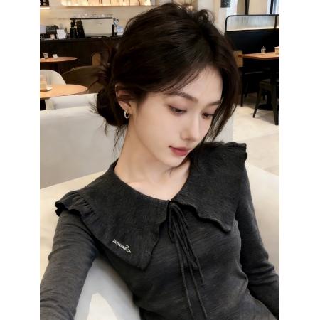 BY10645# 灰色v型翻领蝴蝶结系带修身长袖T恤内搭打底衫女春季韩系穿搭上衣 服裝批發女裝批發服飾貨源