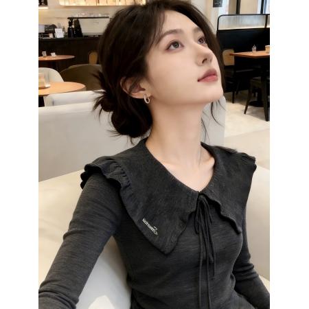 BY10645# 灰色v型翻领蝴蝶结系带修身长袖T恤内搭打底衫女春季韩系穿搭上衣 服裝批發女裝批發服飾貨源