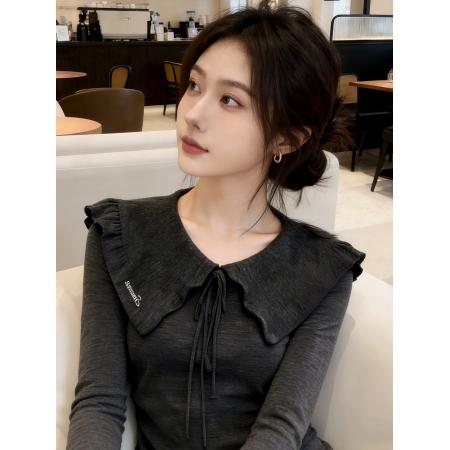BY10645# 灰色v型翻领蝴蝶结系带修身长袖T恤内搭打底衫女春季韩系穿搭上衣 服裝批發女裝批發服飾貨源