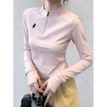 BY10646# 粉色半高领拉链修身掐腰内搭打底长袖T恤女春季超火减龄上衣 服裝批發女裝批發服飾貨源
