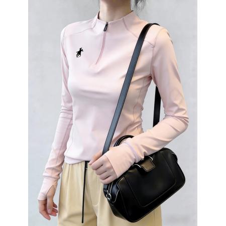 BY10646# 粉色半高领拉链修身掐腰内搭打底长袖T恤女春季超火减龄上衣 服裝批發女裝批發服飾貨源