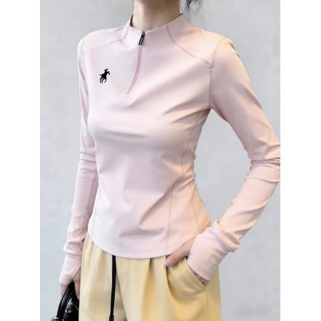 BY10646# 粉色半高领拉链修身掐腰内搭打底长袖T恤女春季超火减龄上衣 服裝批發女裝批發服飾貨源