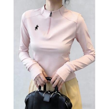 BY10646# 粉色半高领拉链修身掐腰内搭打底长袖T恤女春季超火减龄上衣 服裝批發女裝批發服飾貨源