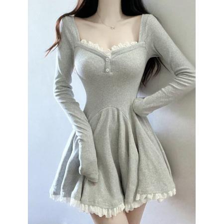 BY10648# 高级感连衣裙长袖纯欲超短裙包臀收腰紧身蕾丝低胸针织秋冬新款 服裝批發女裝批發服飾貨源